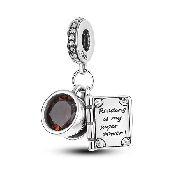 925 Sterling Silver Coffee And Book Charm for Bracelets Fine Jewelry Women