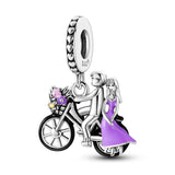 925 Sterling Silver Couple on Bicycle Charm for Bracelets Fine Jewelry Women Pendant