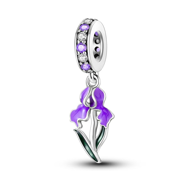 925 Sterling Silver Purple Flower Charm for Bracelets Fine Jewelry Women Pendant