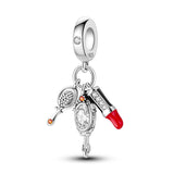 925 Sterling Silver Lipstick Mirror and Brush Charm for Bracelets Jewelry Women