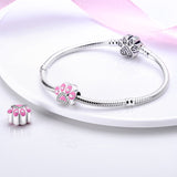 925 Sterling Silver Pink Paw Print Charm for Bracelets Fine Jewelry Women Pendant
