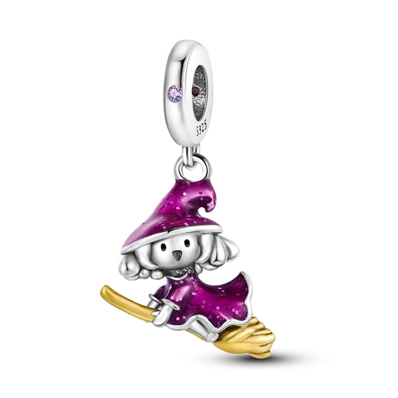 925 Sterling Silver Halloween Witch Charm for Bracelets Fine Jewelry Women Pendant Necklace