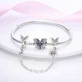 925 Sterling Silver Butterfly and Daisy Safety Chain Charm for Bracelets Fine Jewelry Women