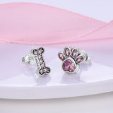 925 Sterling Silver Paw Print & Dog Bone Stud Earrings Fine Jewelry Women