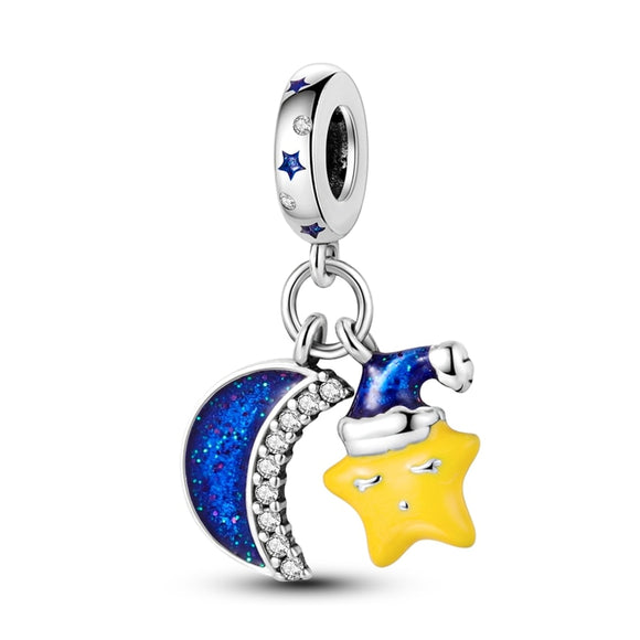 925 Sterling Silver Sleepy Star and Moon Charm for Bracelets Jewelry Pendant