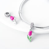 925 Sterling Silver Pink Tulip Charm for Bracelets Fine Jewelry Women Pendant