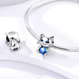 925 Sterling Silver Kitten with Blue Heart Charm for Bracelets Fine Jewelry Women Pendant