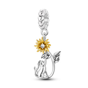 925 Sterling Silver Cat with Sunflower Charm for Bracelets Fine Jewelry Women Pendant