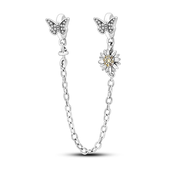 925 Sterling Silver Butterfly and Daisy Safety Chain Charm for Bracelets Fine Jewelry Women