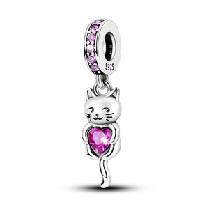 925 Sterling Silver Pink Heart Cat Charm for Bracelets Fine Jewelry Women Pendant Necklace