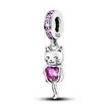 925 Sterling Silver Pink Heart Cat Charm for Bracelets Fine Jewelry Women Pendant Necklace