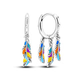 925 Sterling Silver Colorful Feathers Hoop Earrings Fine Jewelry Women