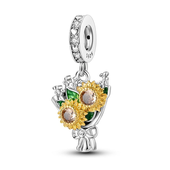 925 Sterling Silver Sunflower Bouquet Charm for Bracelets Fine Jewelry Women Pendant