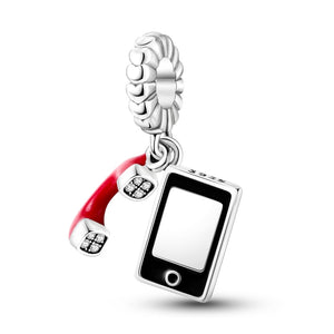925 Sterling Silver Retro Phone and Mobile Charm for Bracelets Fine Jewelry Women Pendant