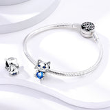 925 Sterling Silver Kitten with Blue Heart Charm for Bracelets Fine Jewelry Women Pendant