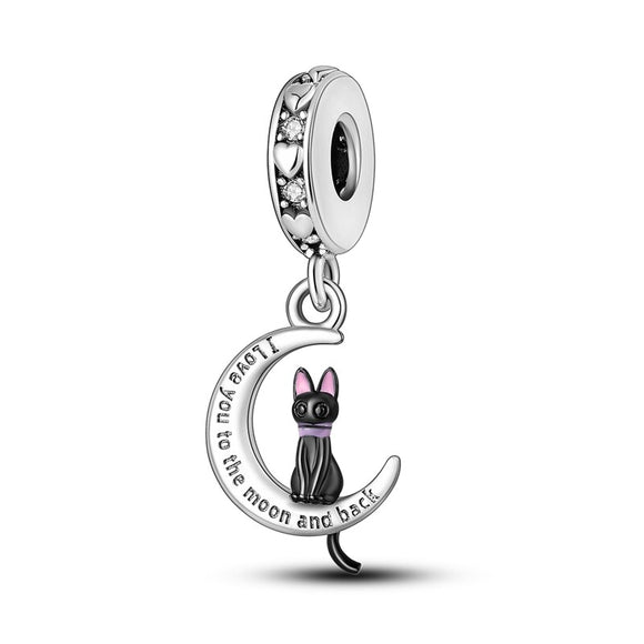 925 Sterling Silver Black Cat on Moon Charm for Bracelets Fine Jewelry Women Pendant
