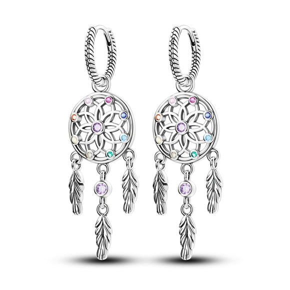 925 Sterling Silver Bohemian Dreamcatcher Hoop Earrings Fine Jewelry Women