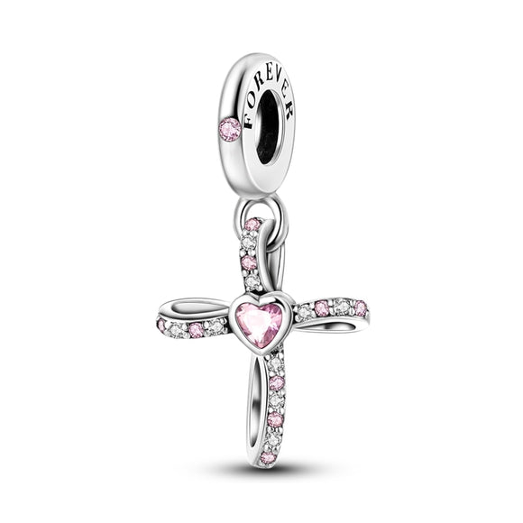 925 Sterling Silver Pink Cross Charm for Bracelets Fine Jewelry Women Pendant Necklace
