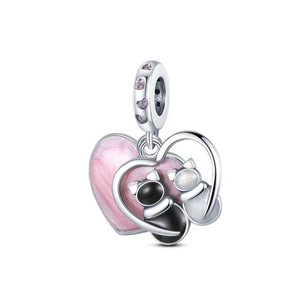 925 Sterling Silver Cats and Pink Heart Charm for Bracelets Fine Jewelry Women Pendant Necklace