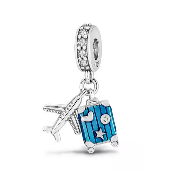 925 Sterling Silver Plane and Suitcase Charm for Bracelets Fine Jewelry Women