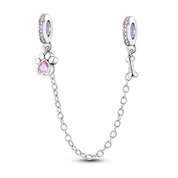 925 Sterling Silver Paw Print Safety Chain Charm for Bracelets Fine Jewelry Women Pendant