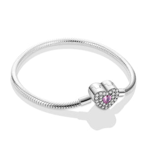 925 Sterling Silver Pink Heart Clasp Bracelet Fine Jewelry Women