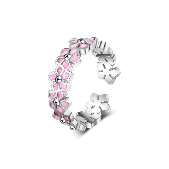 925 Sterling Silver Pink Flowers Ring
