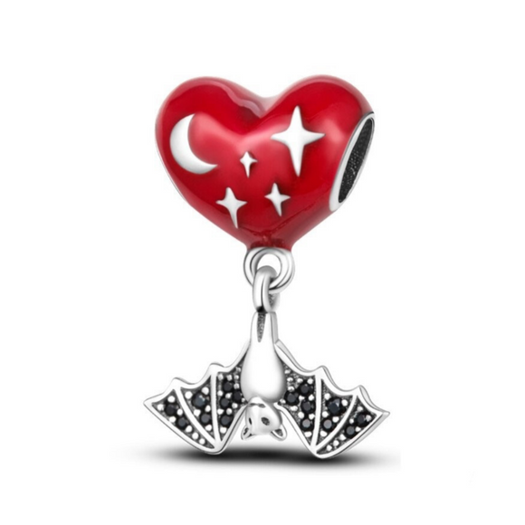 925 Sterling Silver Heart and Bat charm for Bracelets Fine Jewelry Women
