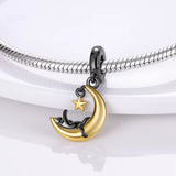 925 Sterling Silver Cat on the Moon Charm for Bracelets Fine Jewelry Women