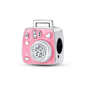 925 Sterling Silver Pink Camera Charm for Bracelets Fine Jewelry Women Pendant