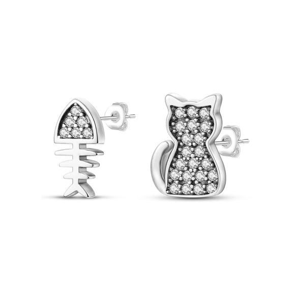 925 Sterling Silver Cat and Fish Bone Stud Earrings for Women Jewelry