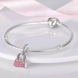 925 Sterling Silver Pink Handbag Charm for Bracelets Fine Jewelry Women Pendant Necklace