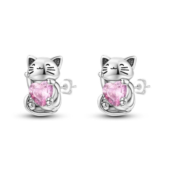 925 Sterling Silver Pink Kitty Earrings Women Fine Jewelry