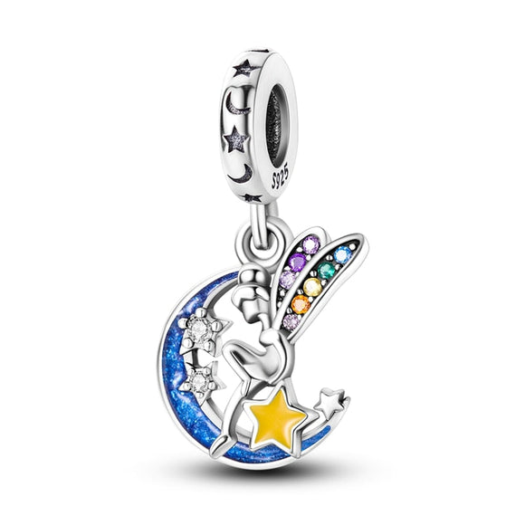 925 Sterling Silver Fairy on the Moon Charm for Bracelets Fine Jewelry Women Pendant