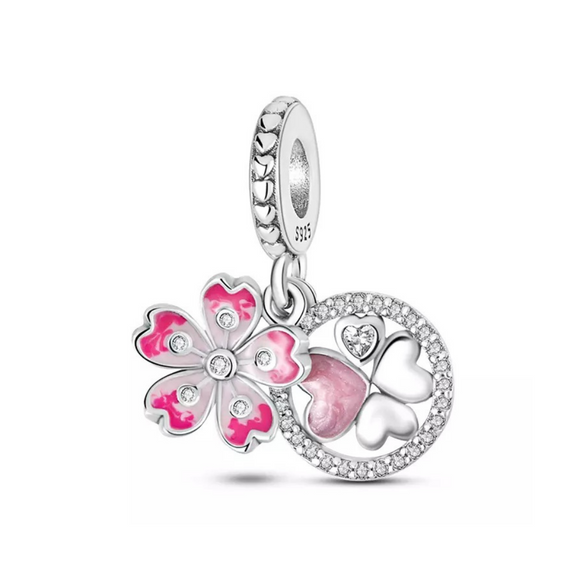 925 Sterling Silver Pink Daisy and Hearts Dangle Charm for Bracelets Fine Jewelry Women Pendant Necklace