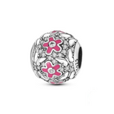 925 Sterling Silver Pink Flowers and Butterflies Charm for Bracelets Fine Jewelry Women