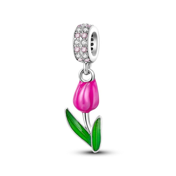 925 Sterling Silver Pink Tulip Charm for Bracelets Fine Jewelry Women Pendant