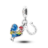 925 Sterling Silver Rooster and Horseshoe Charm for Bracelets Fine Jewelry Women Pendant