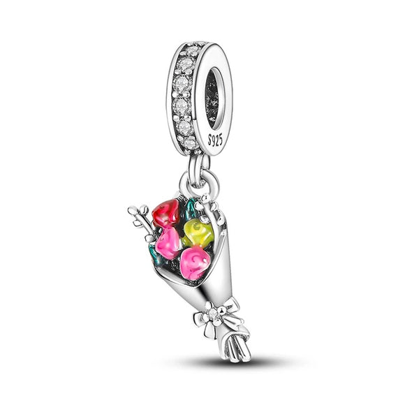 925 Sterling Silver Flower Bouquet Dangle Charm for Bracelets Fine Jewelry Women