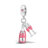 925 Sterling Silver Pink Champagne Dangle Charm for Bracelets Fine Jewelry Women Pendant Necklace