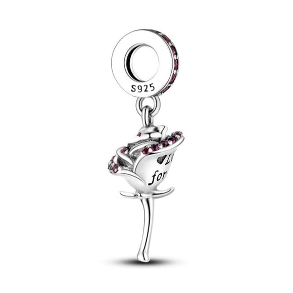 925 Sterling Silver Rose Dangle Charm for Bracelets Fine Jewelry Women Pendant Necklace