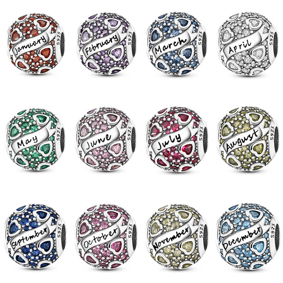 925 Sterling Silver Birthstone Hearts Charm for Bracelets Fine Jewelry Women Pendant Necklace