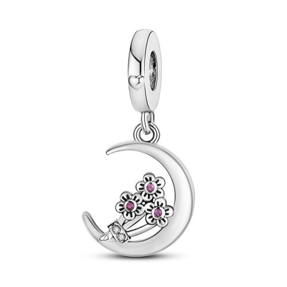 925 Sterling Silver Moon and Flowers Charm for Bracelets Fine Jewelry Women