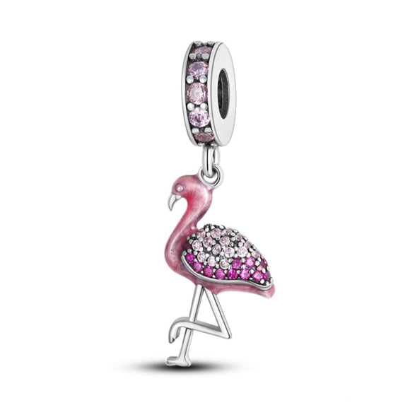 925 Sterling Silver Pink Flamingo Charm for Bracelets Fine Jewelry women